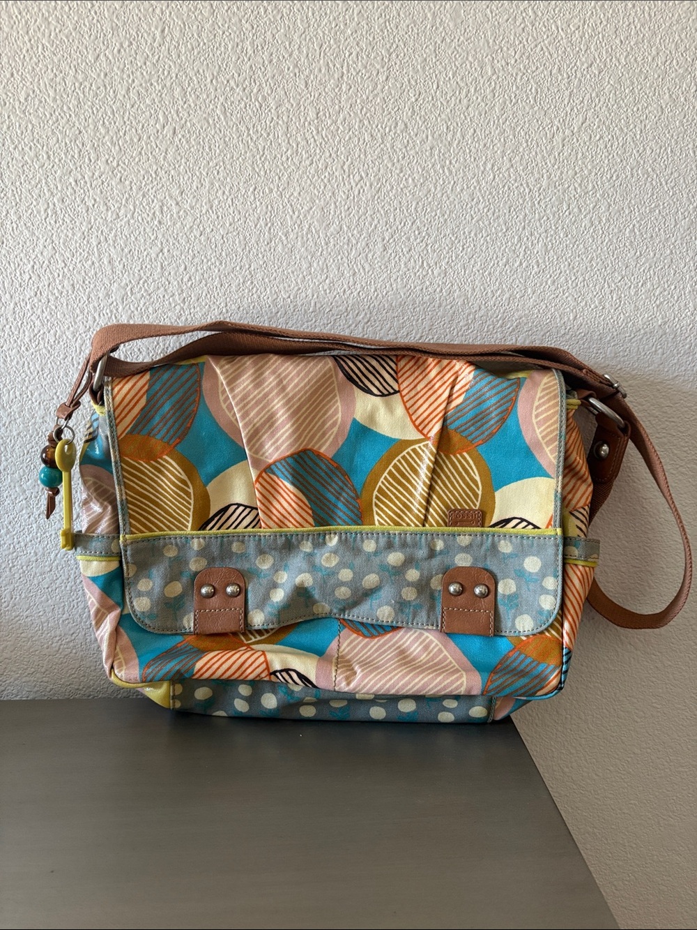 Fossil Multicolor Blue Tan Orange Canvas Crossbody Bag